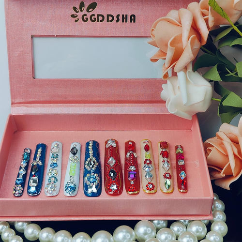 GGddsha Long Handmade PMMA Acrylic Nails With MultiColor Strap Stars Rhinestones Butterfly Design Reusable FullCoverage False Nails Ladies False Nail Set,Prismatic Eclat